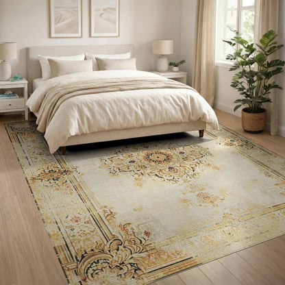 Beige and Neutral Distressed Beige Persian Medallion Area Rug
