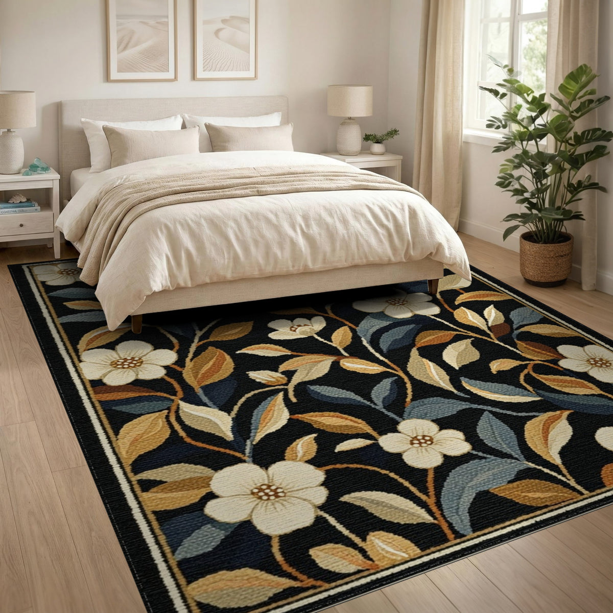 Vintage Floral Black Area Rug with Cream Blooms
