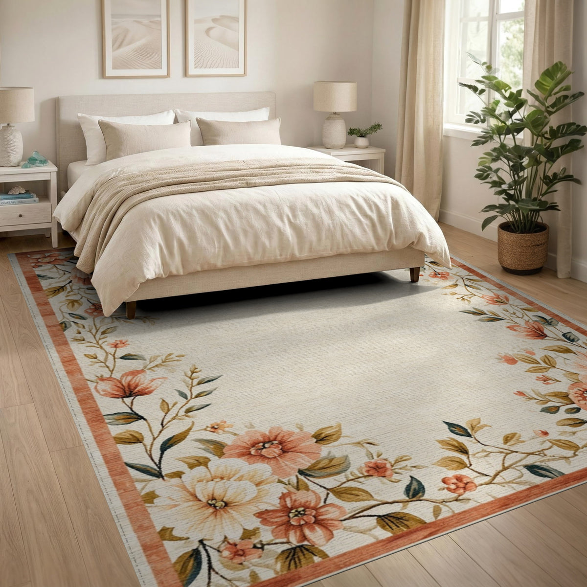 Beige and Neutral Vintage Peach Floral Beige Area Rug