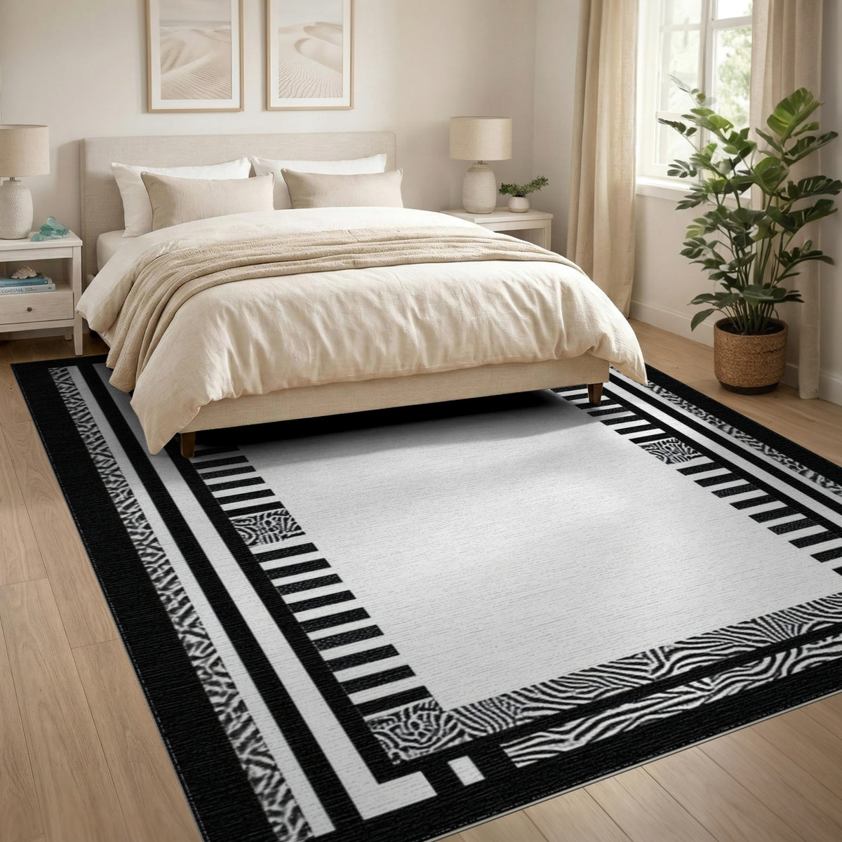 Black White Geometric Zebra Border Rug