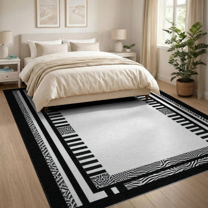 Black White Geometric Zebra Border Rug