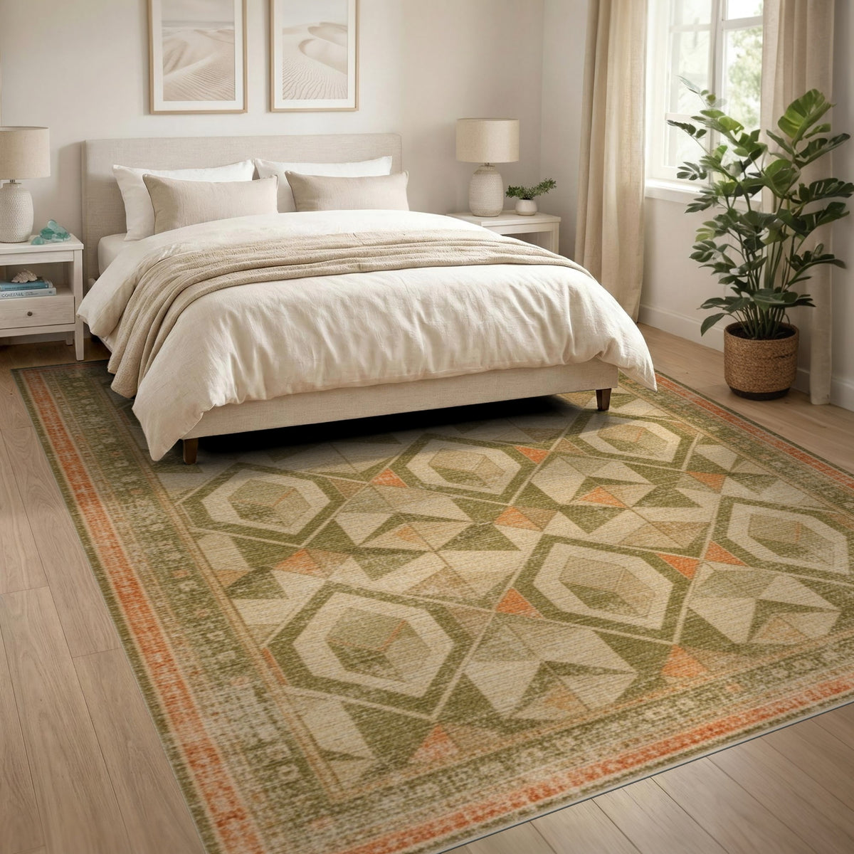 Distressed Green Geometric Diamond Area Rug