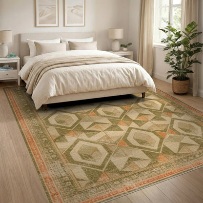 Distressed Green Geometric Diamond Area Rug