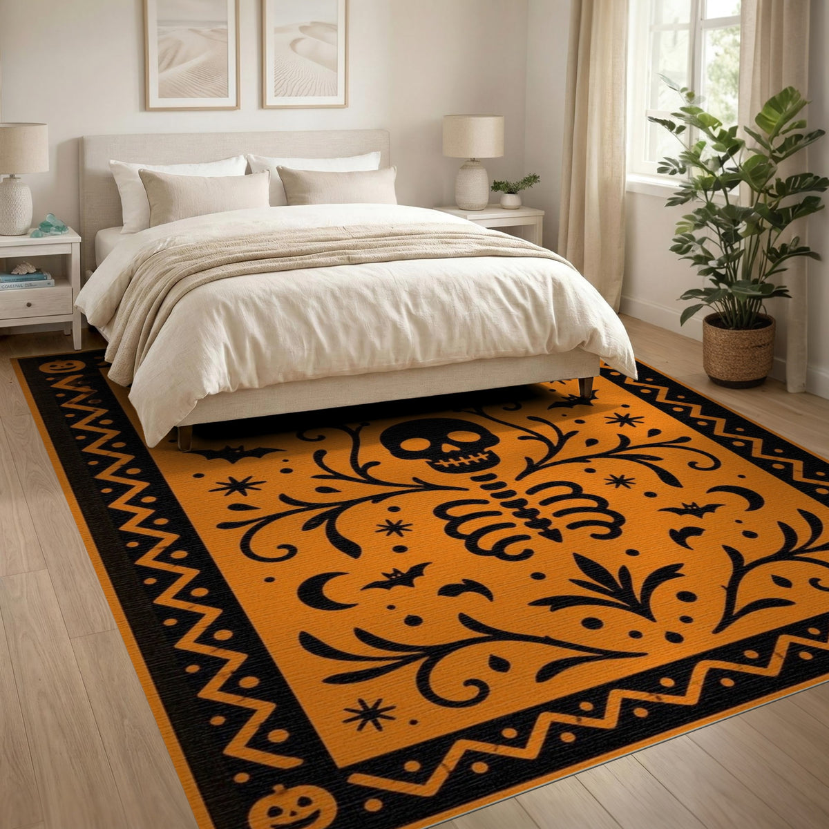 Orange Halloween Skeleton Area Rug