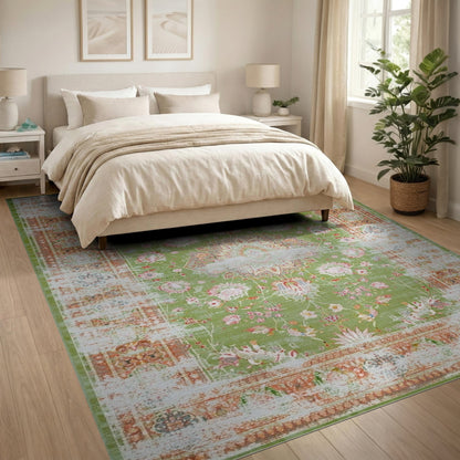 Green Floral Distressed Vintage Area Rug