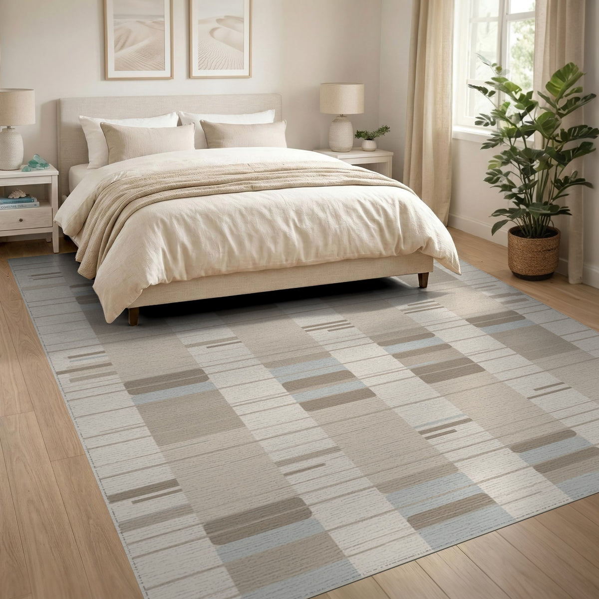 Striped Beige and Neutral Beige Geometric Striped Area Rug
