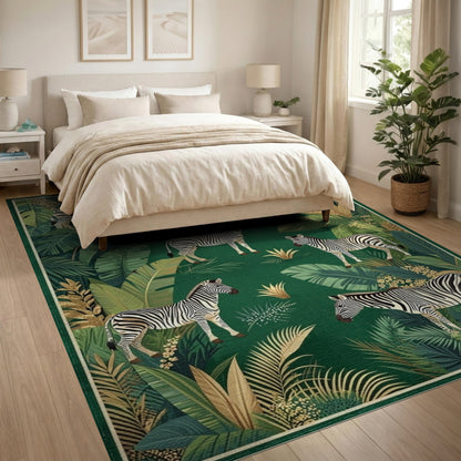 Kids Cartoon Green Zebra Jungle Area Rug