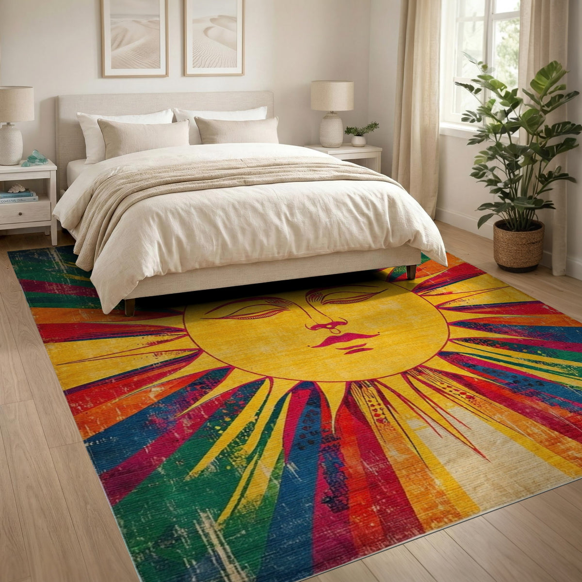 Vibrant Sun Face Distressed Vintage Rug