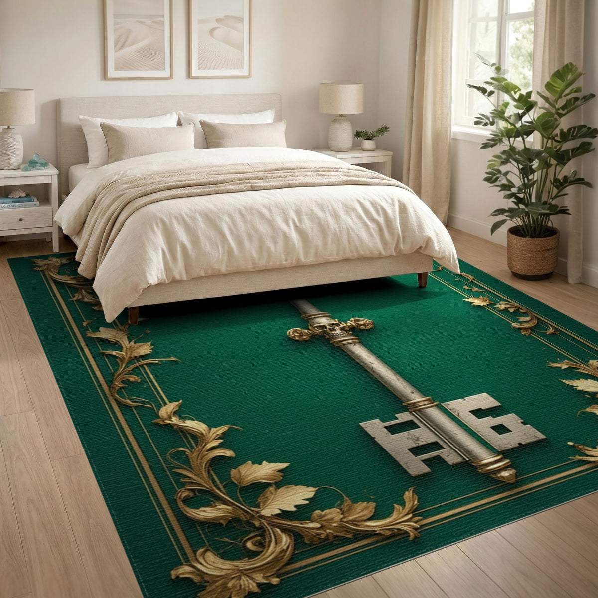 Ornate Gold Key Green Area Rug
