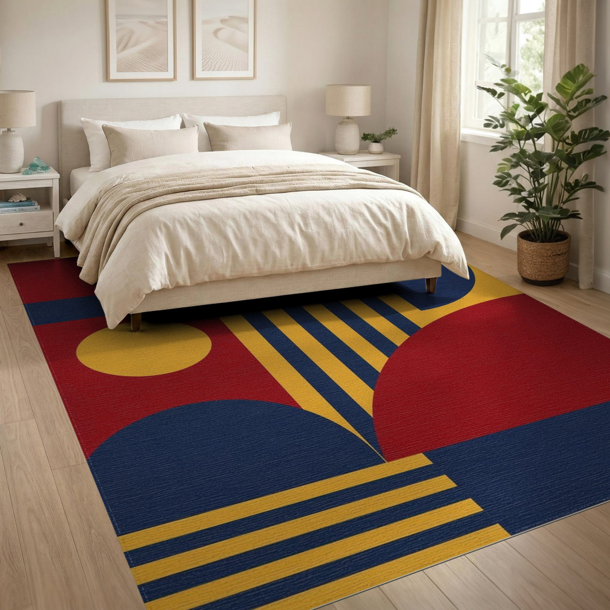 Bold Geometric Red Blue Yellow Area Rug