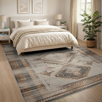 Brown and Tan Distressed Brown Geometric Area Rug