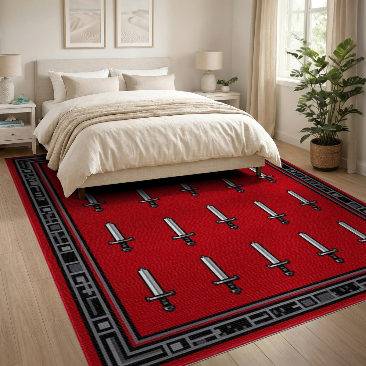 Red Sword Grid Area Rug