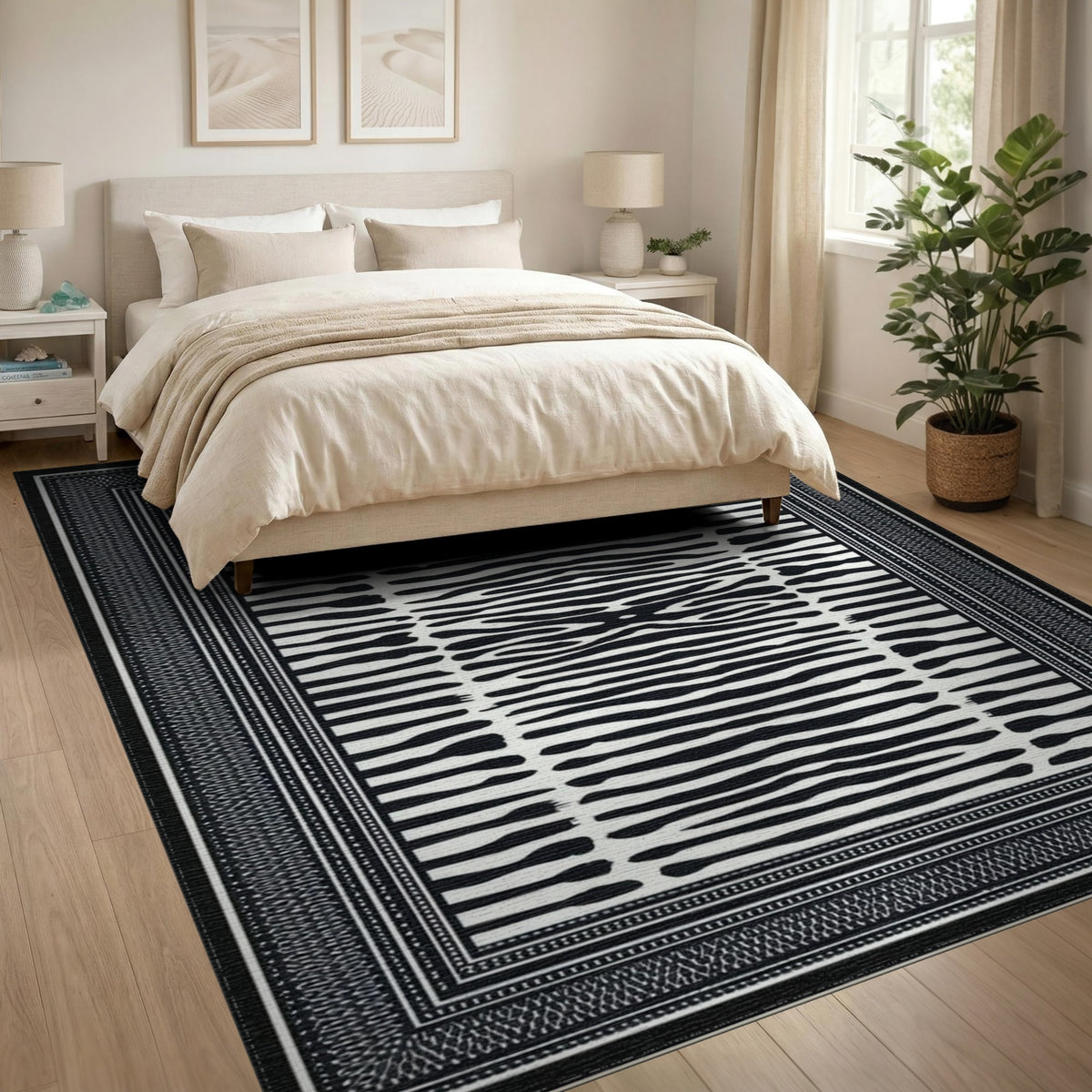 Black White Abstract Stripe Area Rug