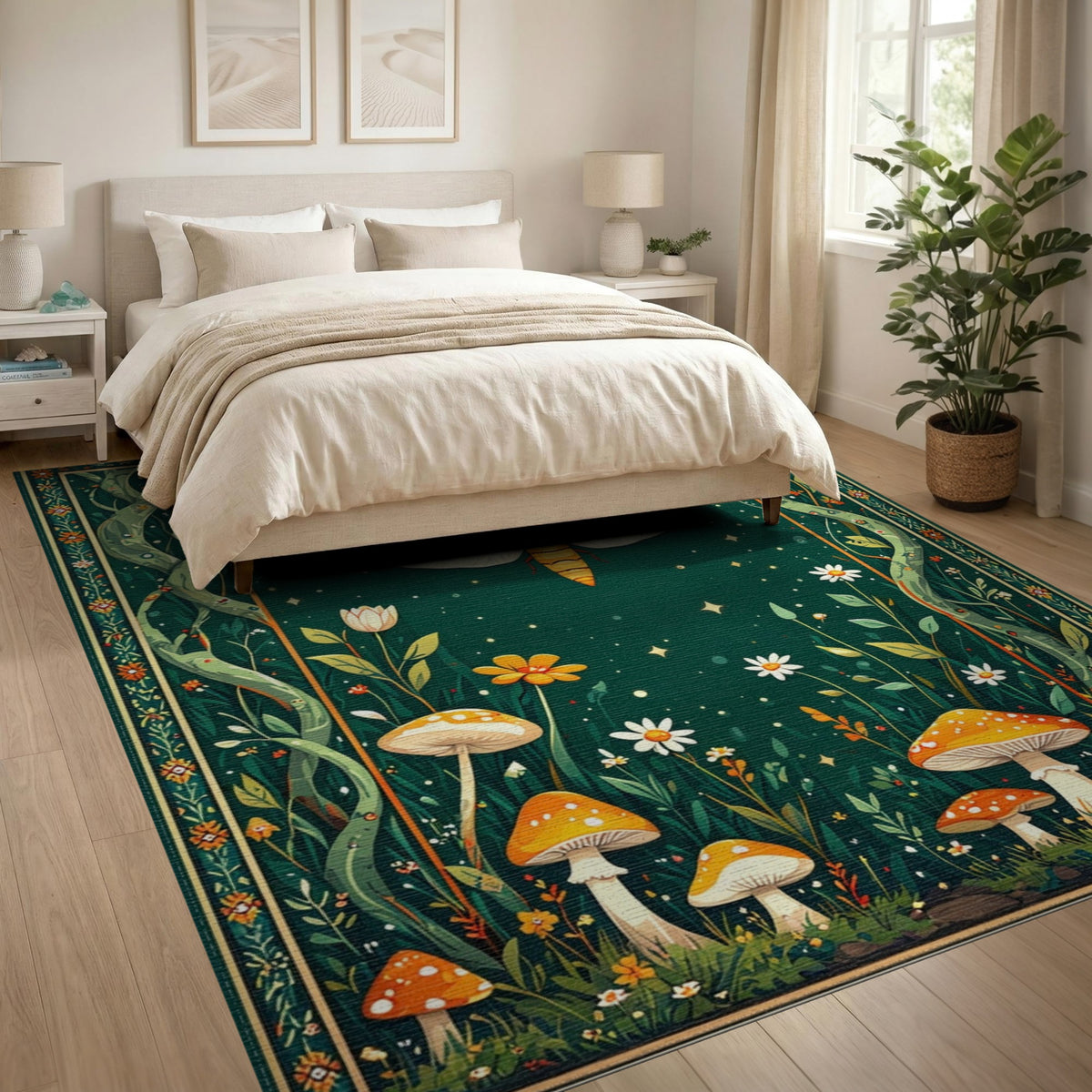 Enchanted Moth Mushroom Green Kids Area Rug