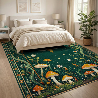 Enchanted Moth Mushroom Green Kids Area Rug