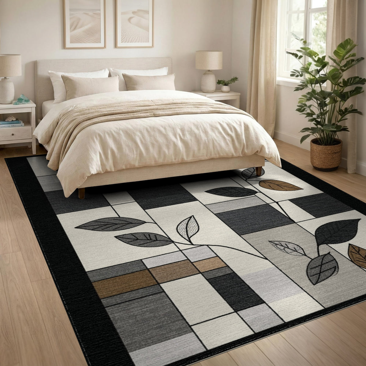 Grey Geometric Leaf Area Rug