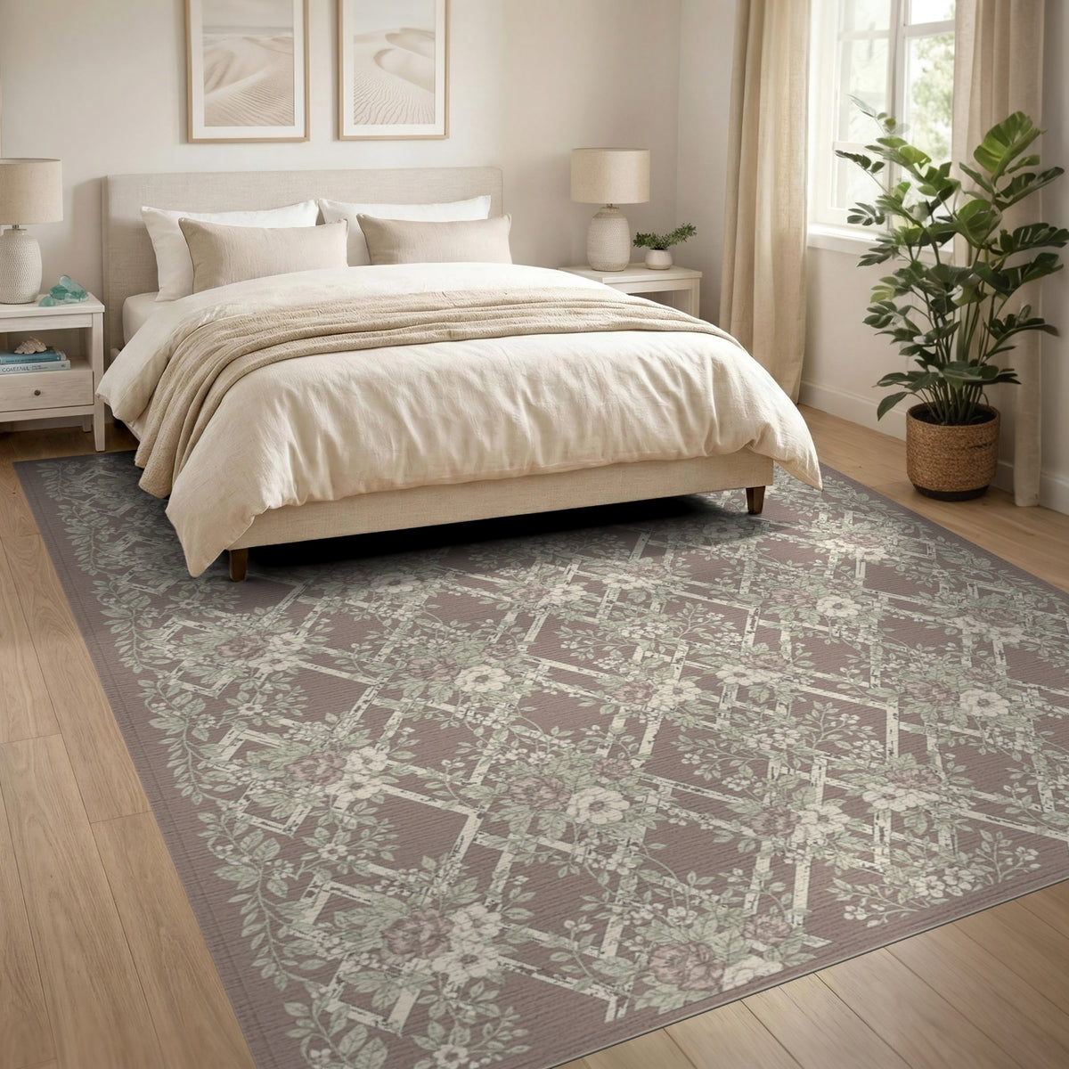 Vintage Floral Trellis Brown Area Rug