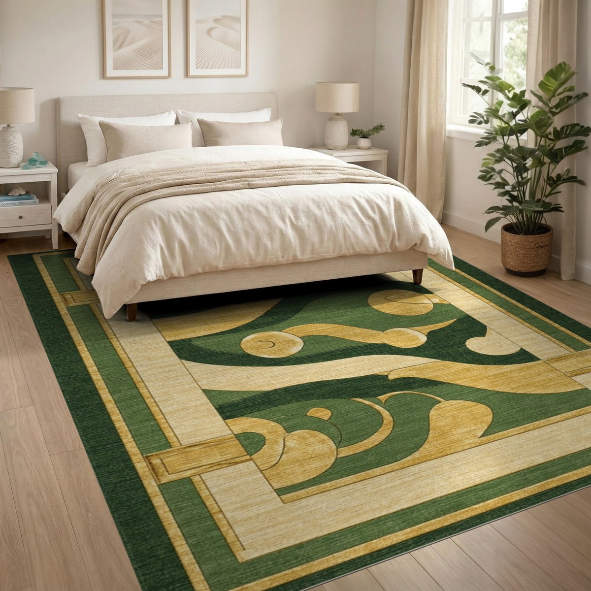 Green Gold Abstract Swirl Area Rug