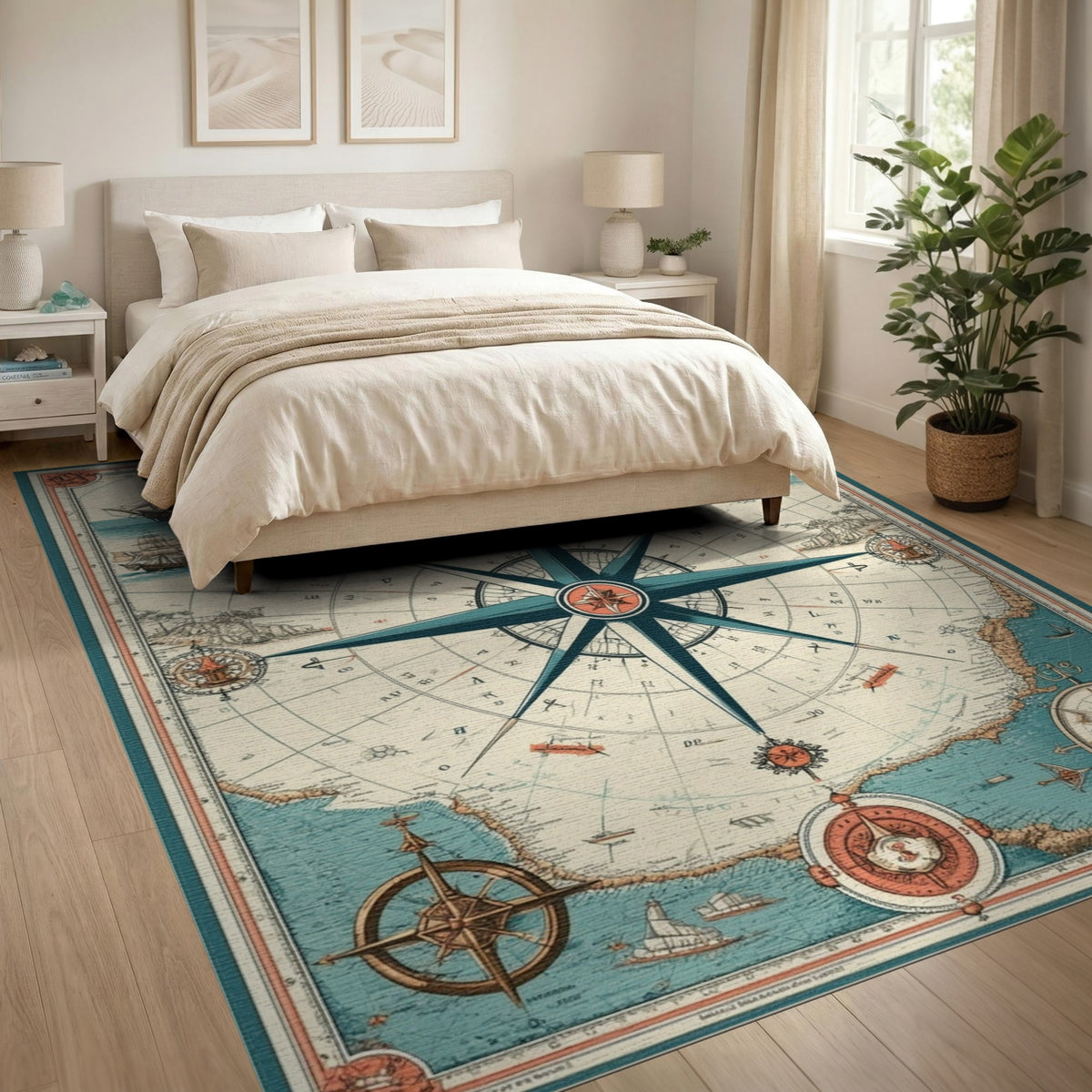 Vintage Nautical Compass Blue and Teal Area Rug