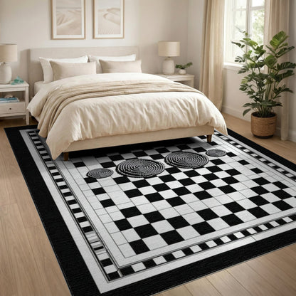 Black White Checkerboard Spiral Area Rug