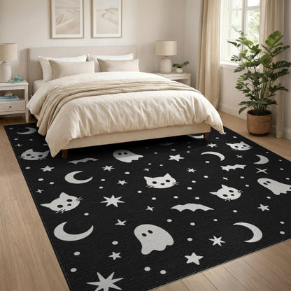 Black Cat Ghost Halloween Washable Area Rug