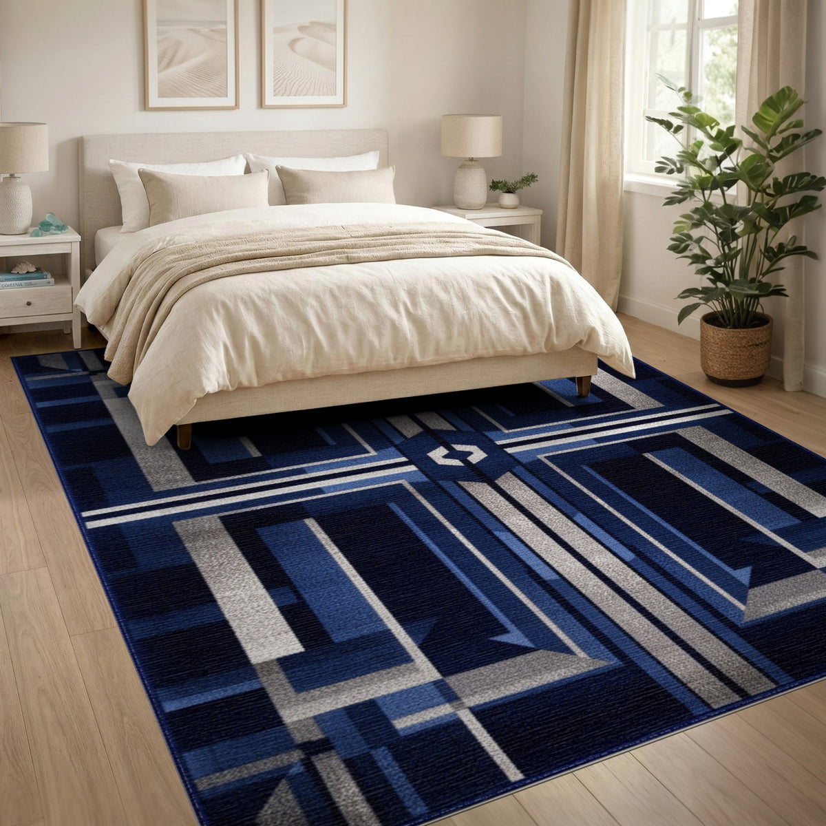 Navy Blue Silver Geometric Area Rug