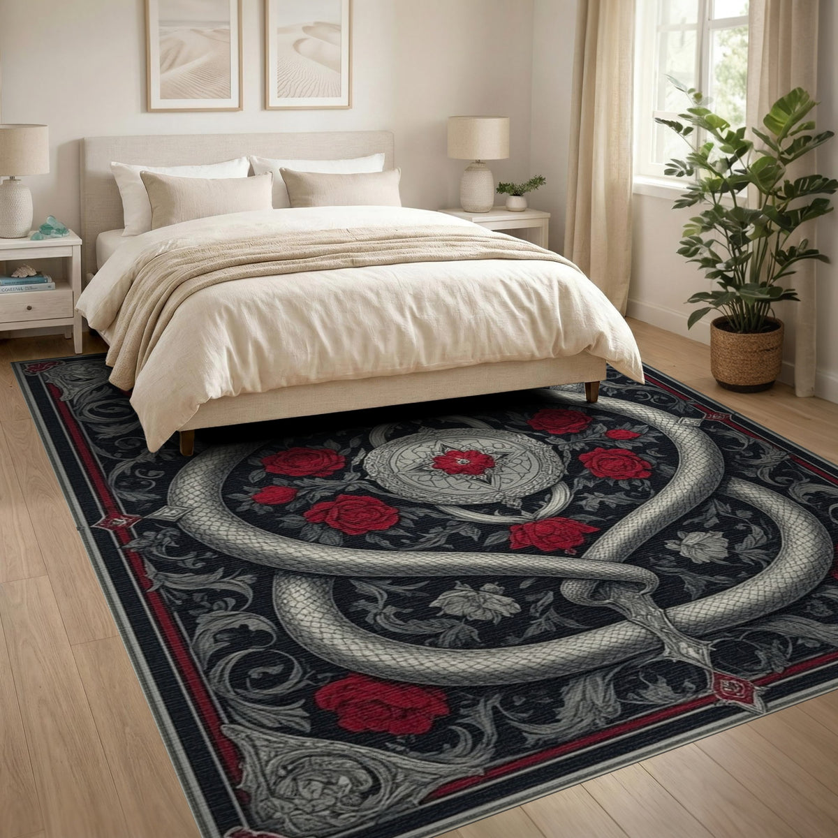 Silver Serpent Red Rose Area Rug
