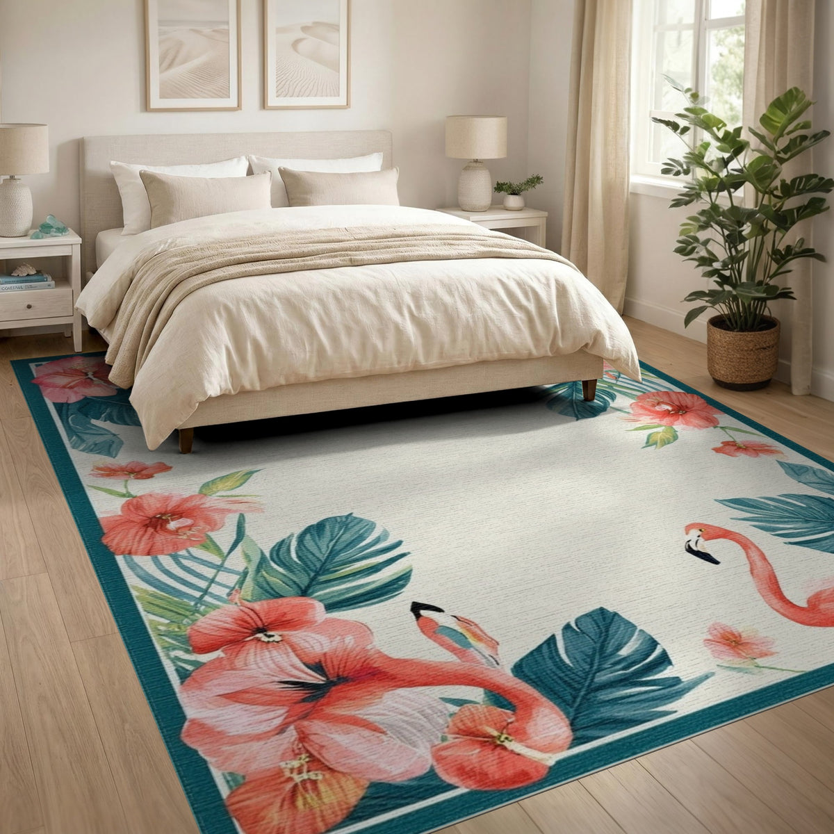 Floral Vintage Pink Flamingo Hibiscus Washable Area Rug