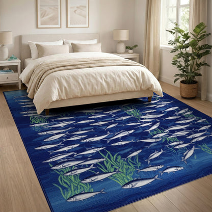 Blue Ocean Fish School Washable Area Rug