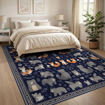 Navy Blue Woodland Animals Kids Area Rug