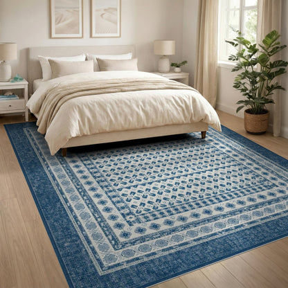 Blue Distressed Vintage Geometric Area Rug