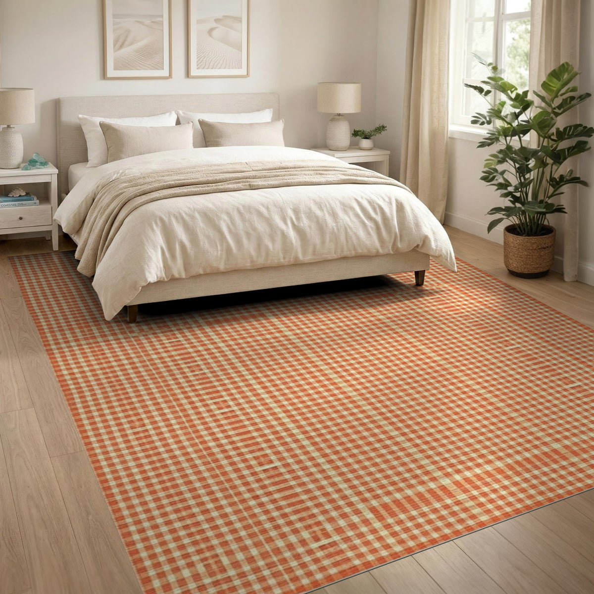 Orange Gingham Checkered Geometric Modern Area Rug
