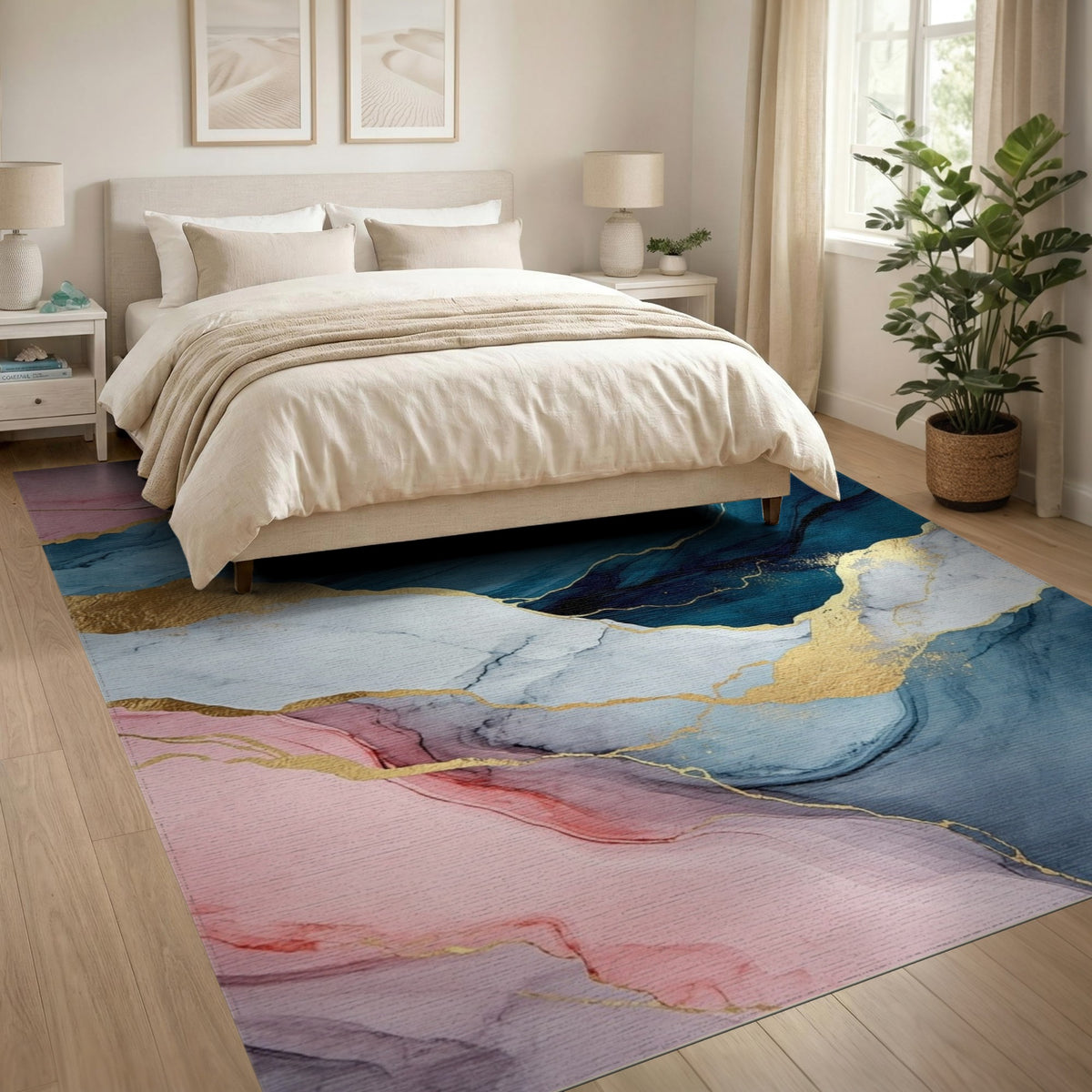 Pink Blue Abstract Marble Washable Area Rug