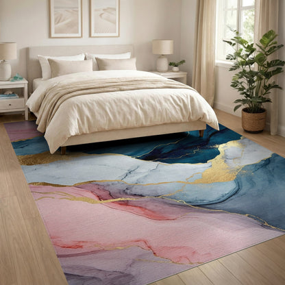 Pink Blue Abstract Marble Washable Area Rug