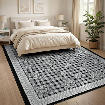 Black White Rose Gingham Area Rug