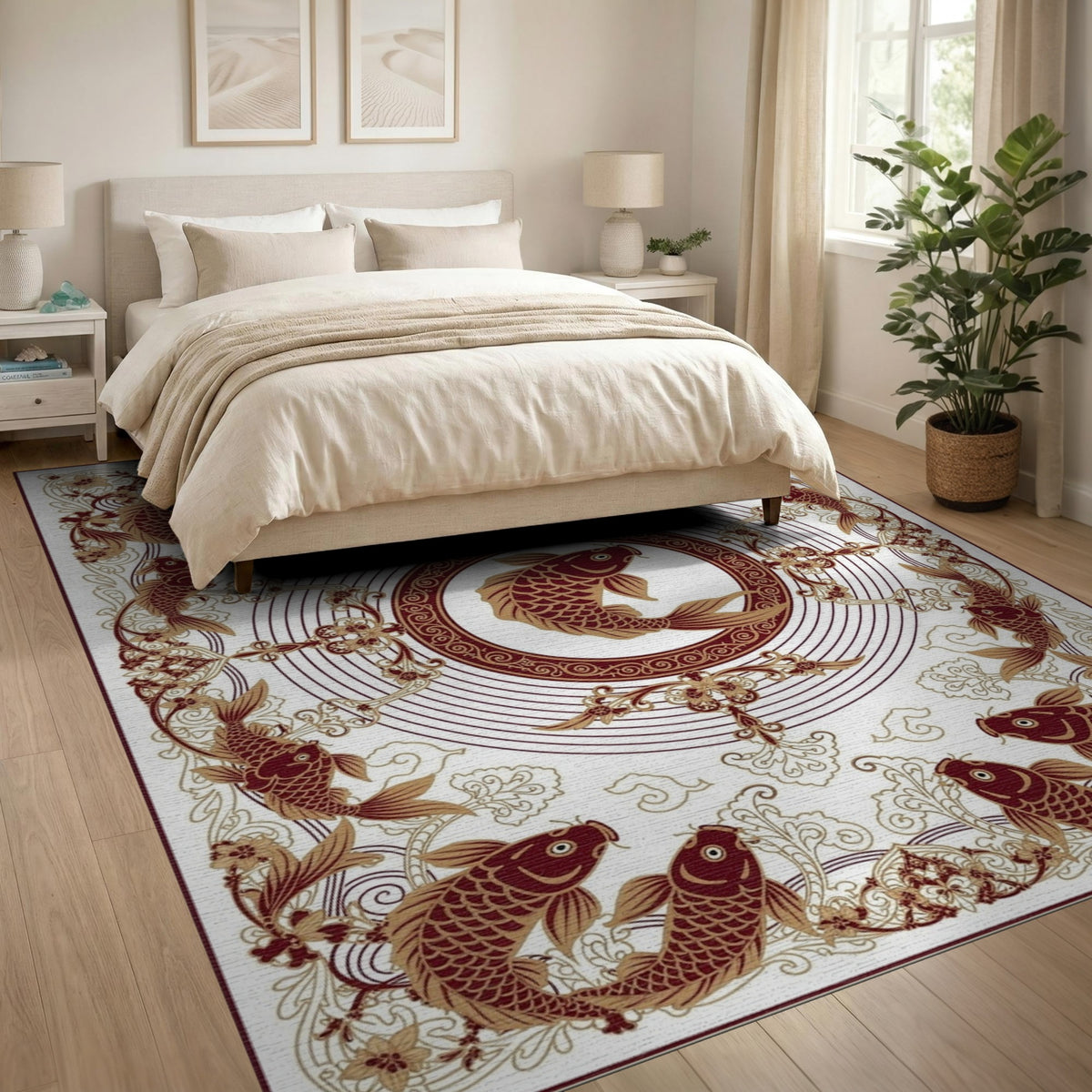 Koi Fish Medallion Brown Area Rug