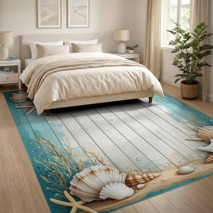 Coastal Beach Seashell Starfish Blue Teal Area Rug