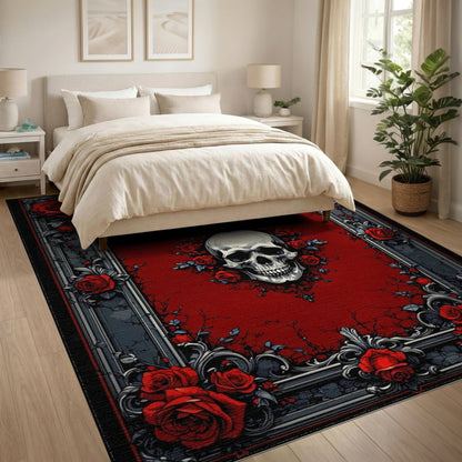 Red Skull Roses Ornate Vintage Area Rug