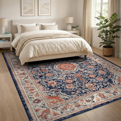 Distressed Blue Floral Medallion Area Rug