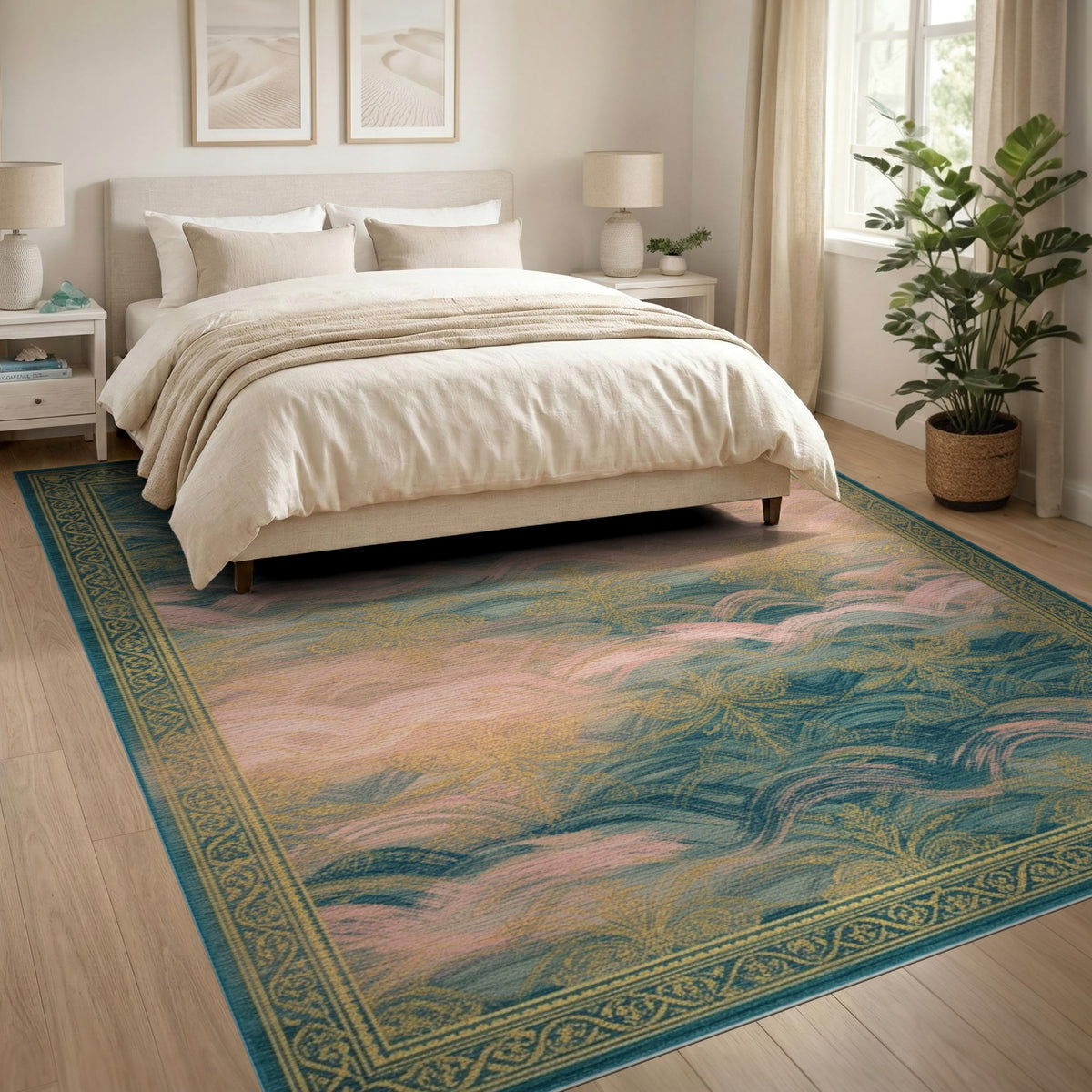 Blue Teal Floral Wave Vintage Area Rug
