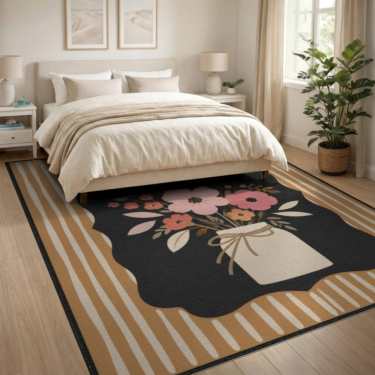 Brown Tan Floral Vase Area Rug