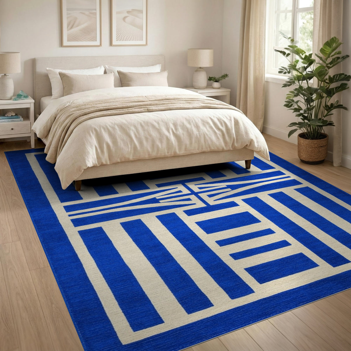 Blue Geometric Area Rug with Ivory Accents