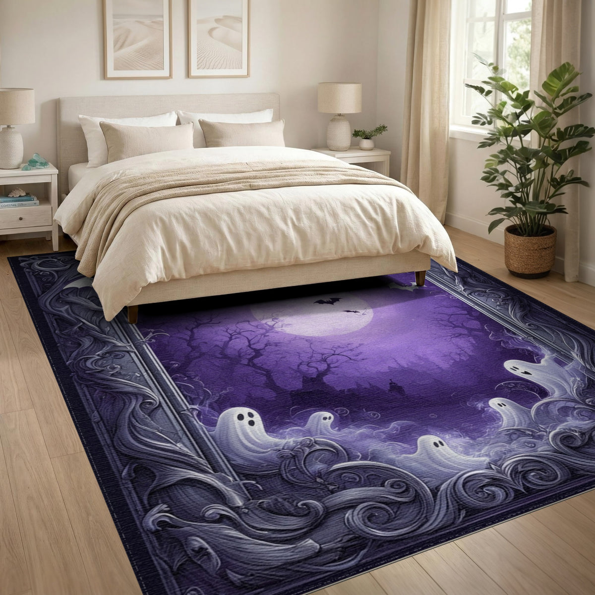 Spooky Purple Ghosts and Bats Halloween Rug