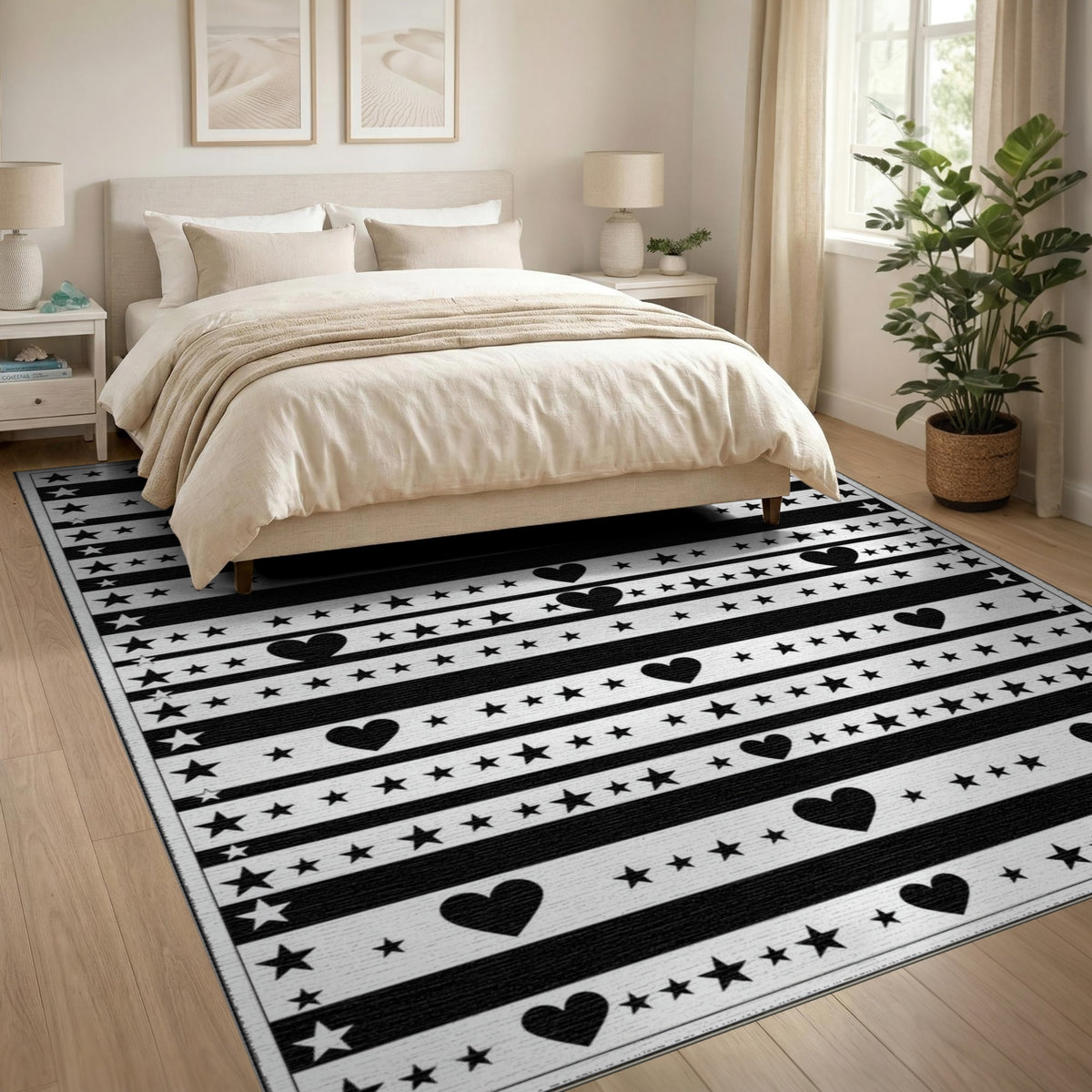 Black White Heart Star Striped Area Rug