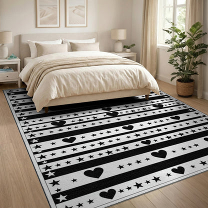 Black White Heart Star Striped Area Rug