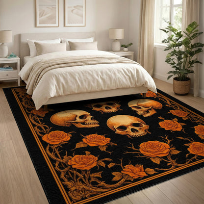 Orange Skull Rose Vintage Floral Rug