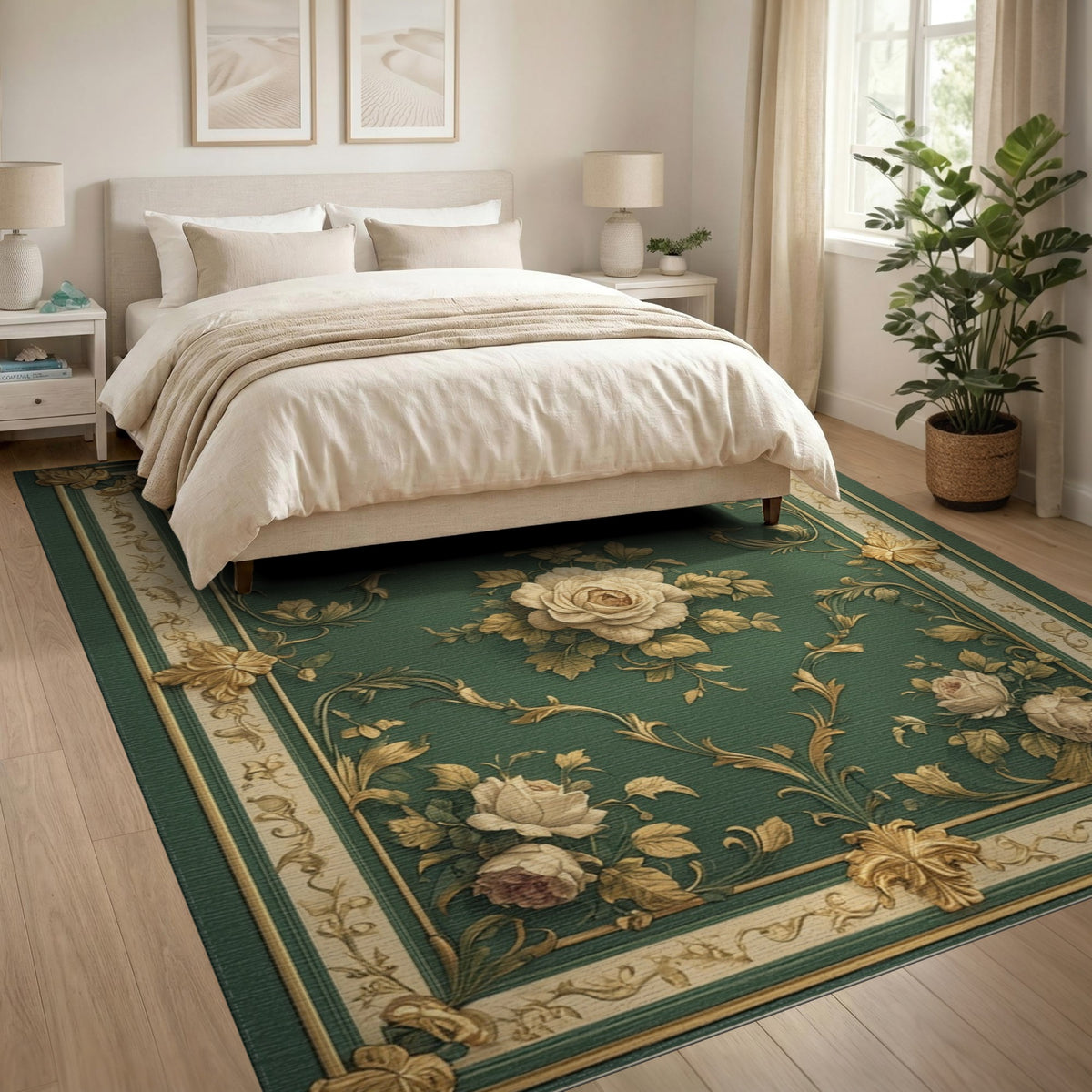 Green Rose Gold Ornate Floral Vintage Rug