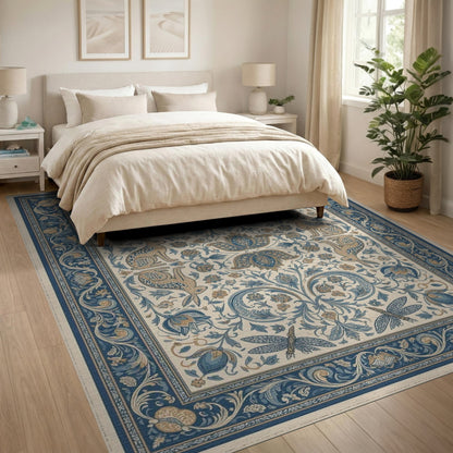 Blue Teal Floral Vintage Rabbit Area Rug