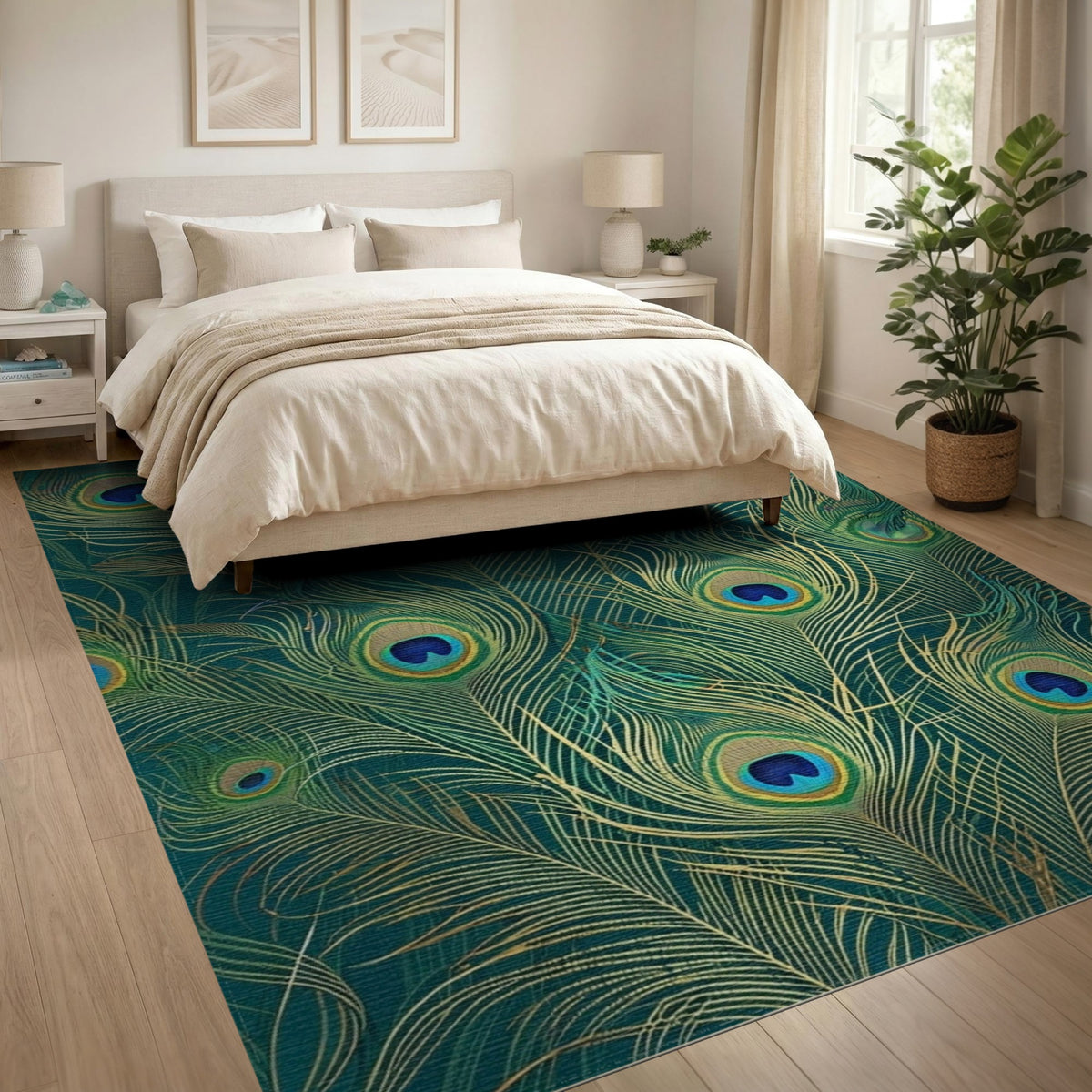 Peacock Feather Blue Teal Boho Area Rug