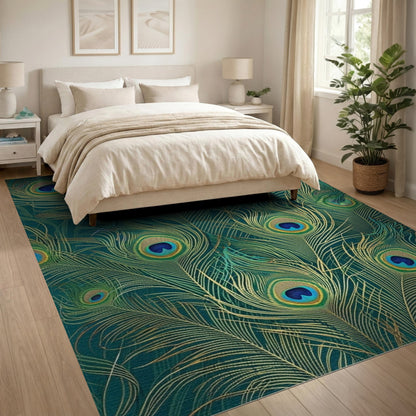 Peacock Feather Blue Teal Boho Area Rug